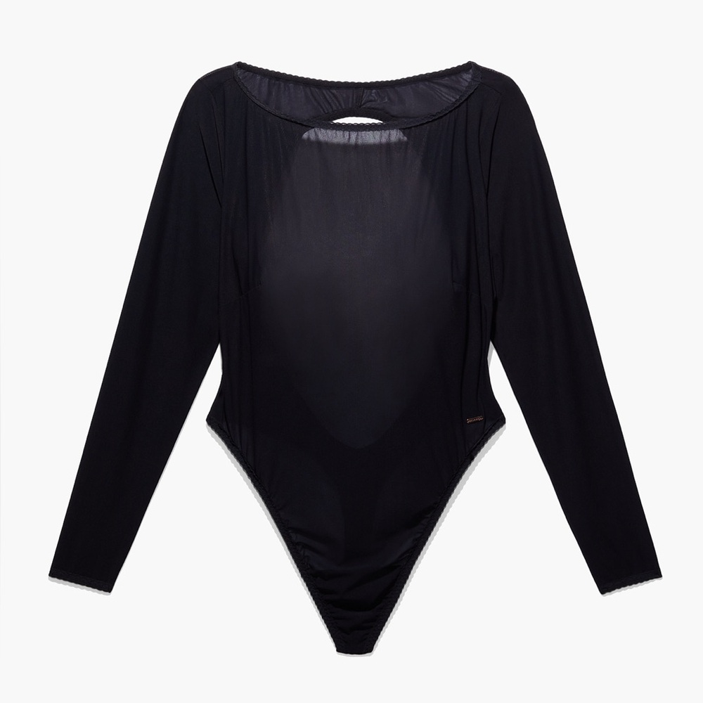 NWOT SAVAGE X FENTY Black Sheer Long Sleeve Lingerie Open Back Bodysuit